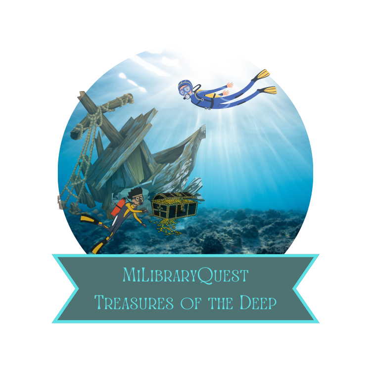 MiLibraryQuest Logo with a shipwreck, divers and text "MiLibrary Quest Treasures of the Deep"