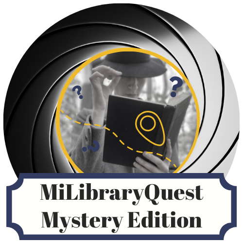 MiLibraryQuest Logo with an image of a detective holding an open book , and the text MiLibraryQuest Mystery Edition
